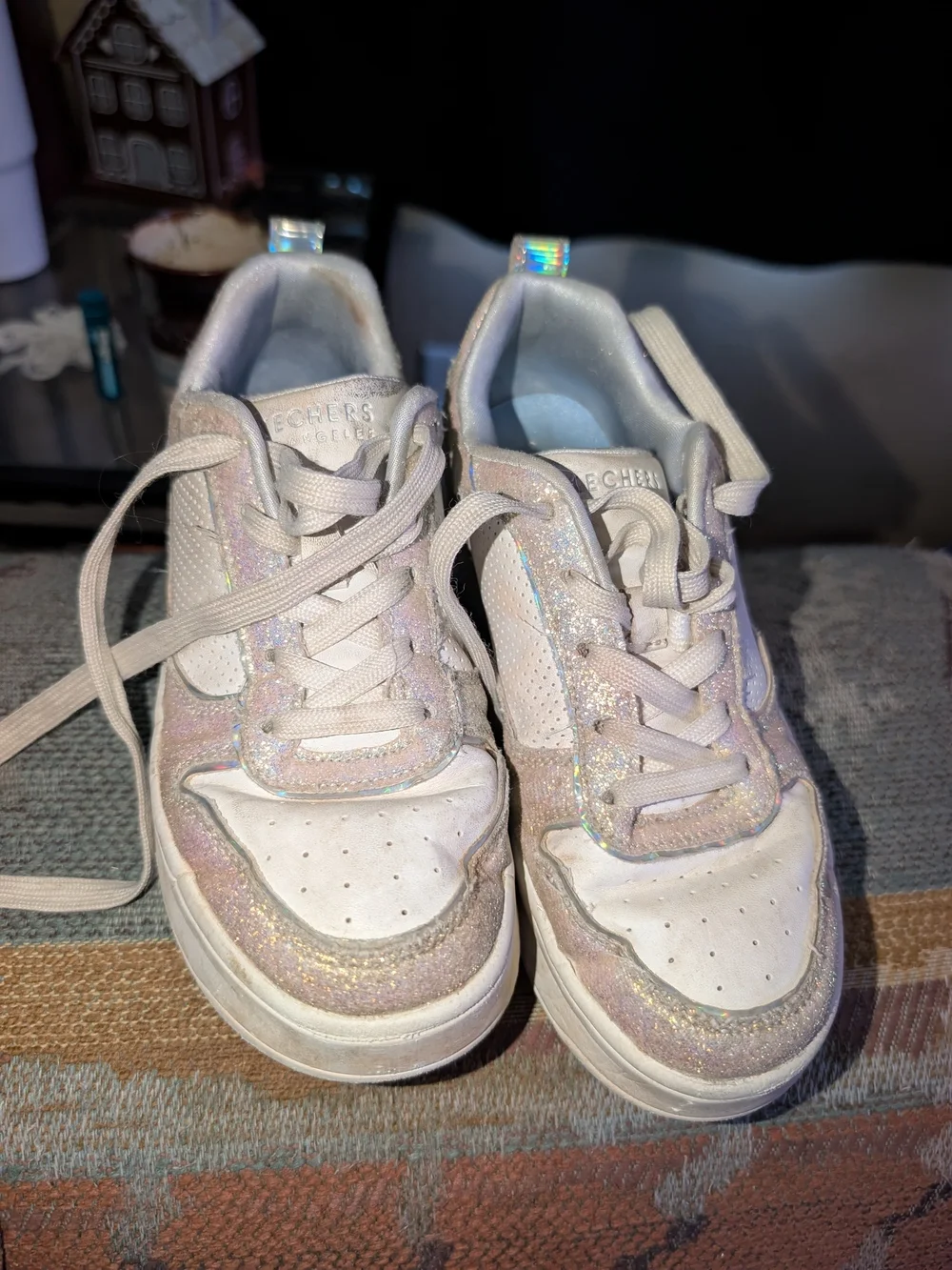 Kids Glitter Lace-Up Sneakers in Iridescent White